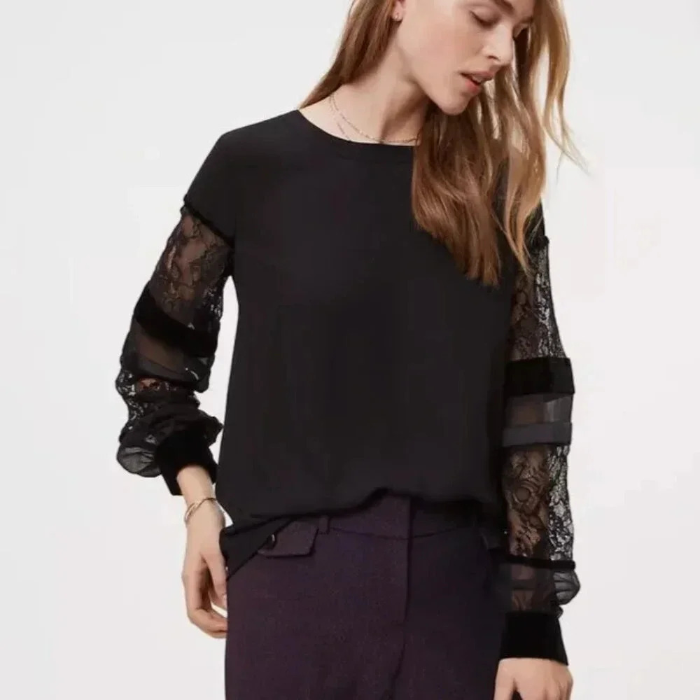 Ann Taylor LOFT Black Velvet Lace Sleeve Top Blouse Size M Holiday Festive-C20